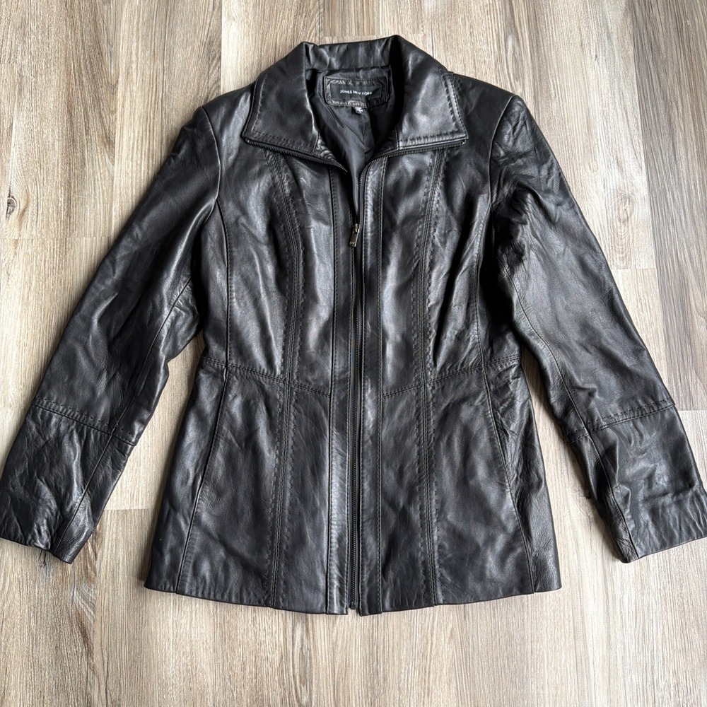 Vintage Jones New York Black Soft Leather Full Zip Jacket‎ Womens Large Stitch